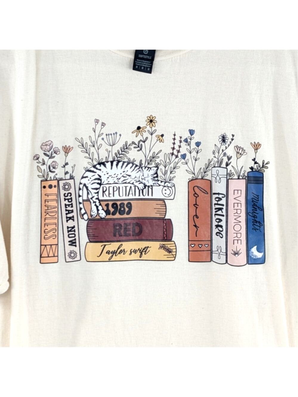 Taylor Swift M Albums Bookshelf Graphic Tee Gildan Cream White Short Sleeve Top